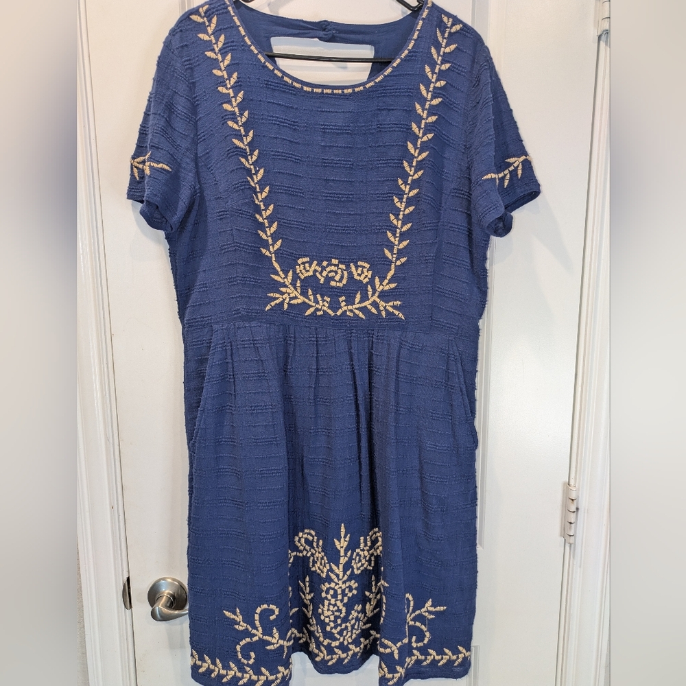 Lucky Brand Blue Embroidered Boho Dress XL Textured Floral Short Sleeve